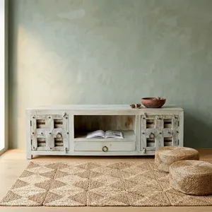 Mueble de TV Vintage de Madera con Dos Puertas y un Cajón, con Estante Abierto, Acabado Blanco Desgastado, Estilo Rústico - Product Image 5