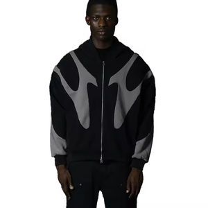 Sudadera con capucha gótica de estilo urbano personalizada al por mayor, de peso pesado, con panel de ondas abstractas, gris y negro, con cremallera - Product Image 1