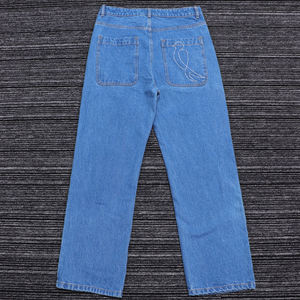 กางเกงยีนส์ขายส่งสไตล์วินเทจทรงขากว้าง ผ้าฝ้ายคุณภาพสูง นุ่ม ระบายอากาศได้ดี ทรงหลวม สีน้ำเงินฟอก เอวสูง - Product Image 2