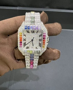 Montre carrée de luxe pour femmes en acier inoxydable, pierres précieuses colorées, cadran en cristal saphir, mouvement mécanique - Product Image 1