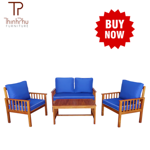Conjunto de Sofás de Jardín de Madera para Exteriores con Cojines Azules, Diseño Contemporáneo, Resistente a la Intemperie, Muebles de 4 Plazas - Product Image 5