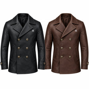 <b>Men's</b> Genuine Leather <b>Pea</b> <b>Coat</b> | <b>Black</b> Brown Navy | OEM ODM Manufacturer | Premium Quality Design | Leather Wear | - Product Image 5