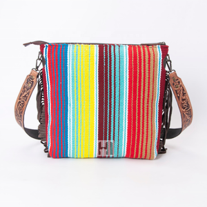 Rainbow aztec Saddle blanket กระเป๋าหนังแท้แบบตะวันตก Crossbody พร้อมสายเครื่องมือและพู่ - Product Image 3