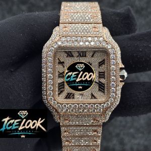 ICE LOOK นาฬิกาควอทซ์ทรงสี่เหลี่ยมผืนผ้าสีทองสำหรับผู้ชาย 40 มม. หน้าปัดอะนาล็อกประดับเพชร สายสแตนเลส ตัวล็อคแบบพับได้ - Product Image 1