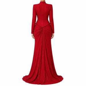 Robe longue moulante en tweed avec perles, paillettes et strass pour femme |   Robe de soirée de créateur à col montant et taille naturelle, jupe drapée, hiver - Product Image 2