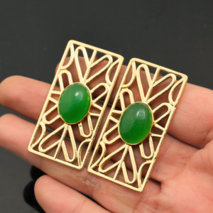 Élégantes boucles d'oreilles rectangulaires géométriques plaquées or 18 carats avec pierre précieuse ovale en jade naturel, bijoux tendance pour femmes - Product Image 6