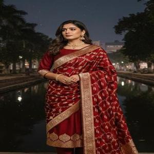 Élégant ensemble pour femme en soie semi-Katan Banarasi, avec dupatta traditionnelle à motifs Jaal et bordure tissée riche, protection solaire, idéal pour les fêtes, livraison rapide - Product Image 1