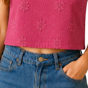 Top Corto Rosa Oscuro con Bordado Floral para Mujer, Chaleco de Verano sin Mangas de Algodón, Logotipo Personalizado, Moda Casual Urbana - Product Image 6