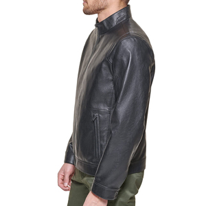 Custom Logo Men's Genuine Leather Biker Jacket Black Stand Collar Zipper Closure Regular Fit Moto Style Autumn Wear - Product Image 2
