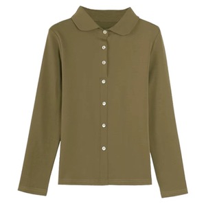 Camisa de Manga Larga con Cuello Polo de Punto Verde Oliva para Mujer, Color Sólido, Estilo Casual, Largo Regular, con Logotipo Personalizado - Product Image 1