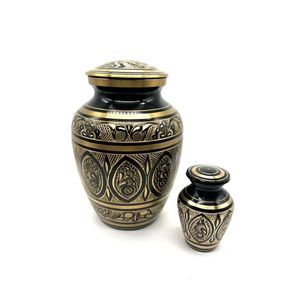 Handcrafted Brass Metal Cremation Urns for Human Ashes - Elegant Black & Gold Memorial Funeral Urn with Matching <b>Keepsake</b> Set - Product Image 1