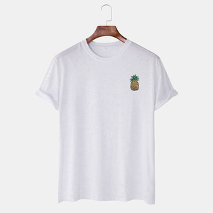 T-shirt blanc à manches courtes pour homme avec motif ananas brodé, coupe classique, col rond, style décontracté, 100 % coton jersey tricoté - Product Image 1