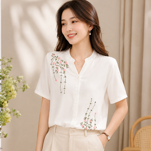 Blusa de Algodón Blanca para Mujer, Bordada, Manga Corta, con Botones, Estilo Casual, para Verano - Product Image 1