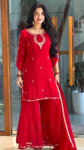 Conjunto de Kurti Rojo con Estampado en Relieve de Piel Sintética de Secado Rápido con Palazzo y Dupatta para Mujer, Ropa Tradicional India y Pakistaní para Bodas, Corte Regular - Product Image 2