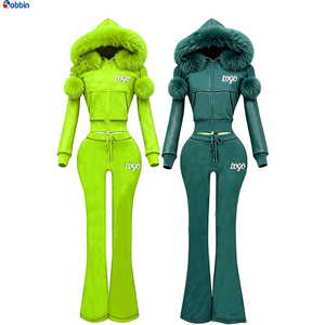 Conjunto de punto gofrado personalizado para mujer, atuendo de manga larga con ribete de piel, conjunto de chándal con chaqueta con cremallera y pantalón acampanado de pierna ancha - Product Image 2