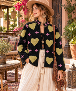 Handcrafted <b>Black</b> Velvet Jacket Suzani Embroidery, Floral Boho Heart Print Style <b>women's</b> <b>winter</b> <b>coat</b> - Product Image 1