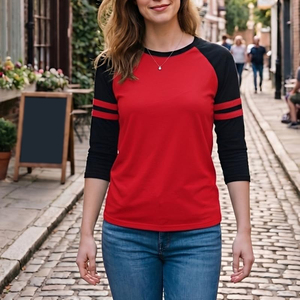 T-shirt décontracté à manches longues pour femme avec logo personnalisé, col contrastant, style baseball, double rayures sur les manches, confortable et décontracté. - Product Image 6