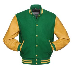 Veste bomber de baseball en laine verte avec manches en cuir jaune doré pour homme - Product Image 3