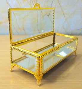 Boîte à bijoux de luxe en laiton antique et verre, rectangulaire, avec filigrane, pour rangement et présentation de bibelots, PN ARTWARE - Product Image 5