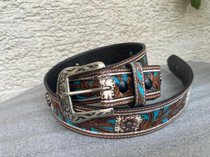 Cinturón de cuero occidental tallado a mano en relieve con patrón de hoja de vaquero de lujo con hebilla de latón floral pesado - Product Image 2