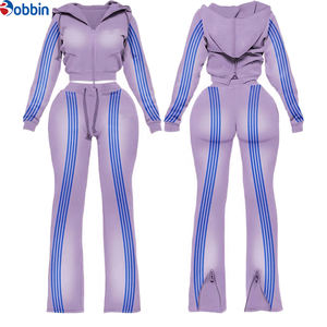 Conjunto Deportivo Personalizado para Mujer, Sudadera con Cierre y Franja Lateral en Contraste, Pantalones Deportivos Acampanados, 2 Piezas, Ropa Deportiva, Estilo Urbano - Product Image 4