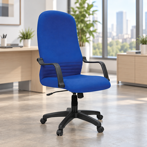 Fauteuil de bureau ergonomique bleu à dossier haut en tissu, avec accoudoirs fixes réglables en hauteur, base pivotante, pour usage domestique ou professionnel - Product Image 1