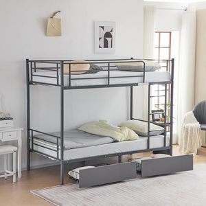 Letto a Castello Convertibile Stabile con 2 Cassetti Grigi per Stoccaggio, Letto a Soppalco in Metallo Divisibile in Due Letti Singoli - Product Image 6