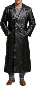 Manteau trench-coat pour homme en cuir véritable noir, longueur standard, double boutonnage, col montant, vêtement d'hiver formel - Product Image 3
