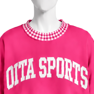 เสื้อสเวตเชิ้ตคอกลมโอเวอร์ไซส์สีชมพูสดสำหรับผู้ชาย แต่งขอบลายตารางกิงแฮม แขนยาว พิมพ์ลายกราฟิก สไตล์ลำลอง สตรีทแวร์ แฟชั่นท็อป - Product Image 3