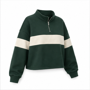 Sudadera Corta Moderna para Mujer Forest Olive, Personalizable, de Dos Tonos, en Algodón Orgánico, con Cierre de Media Cremallera, WHZCROP-0006 - Product Image 4