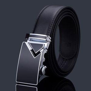 Cinturón Formal de Cuero Genuino, Color Negro Sólido, Hebilla Rectangular con Cierre Automático Plateado, Duradero, para Hombre - Product Image 3