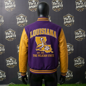 Louisiana Varsity Jacket Men's Purple <b>Gold</b> Sleeve Embroidered Pelican State Letterman Bomber Stand Collar Single <b>Button</b> Autumn - Product Image 3