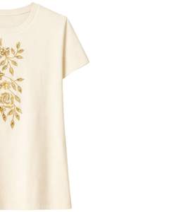 Camiseta de Algodón Personalizada para Mujer con Bordado Floral Dorado, Manga Corta, Cuello Redondo, Top Informal de Moda para Mujer, Diseño OEM Personalizado - Product Image 3