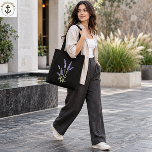 Black Canvas Tote <b>Bag</b> with Lavender Floral Print and <b>Long</b> Handles | Casual Women's Shopping Carry <b>Bag</b> for Daily Use and Travels - Product Image 3