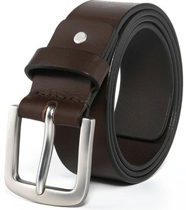 Ceinture pour homme en cuir véritable marron, boucle rectangulaire argentée, style décontracté, respirante, motif uni, largeur 3,5 cm, longueur 120 cm - Product Image 4
