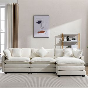 Divano Moderno di Lusso a Forma di L in Ciniglia da 285 cm con 5 Cuscini e Pouf per Soggiorno - Product Image 1