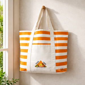 Sac fourre-tout en jute rayé orange et blanc, sac à bandoulière de plage |   Sac fourre-tout réutilisable et écologique pour les courses et les voyages, avec poche avant et longue poignée - Product Image 1
