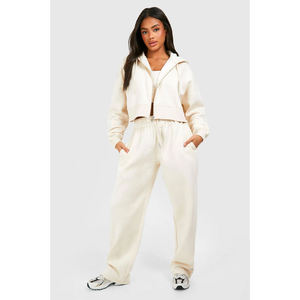 Conjunto de Top Corto con Capucha de Forro Polar Crema y Pantalones Anchos para Mujer, Estilo Casual, Holgado, de 2 Piezas, Color Sólido - Product Image 4