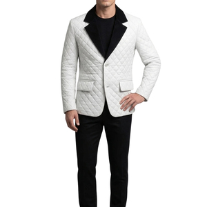 Blazer matelassé blanc pour homme, revers en velours noir, simple boutonnage, coupe ajustée, veste décontractée élégante - Product Image 1