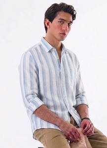 เสื้อเชิ้ตผู้ชาย Enovate รุ่น Logan แบบกระดุมสองแถว ลายทาง แขนยาว ปกคอพับ ระบายอากาศได้ดี ผลิตจากผ้าลินิน/ผ้าฝ้าย แบบ ODM สำหรับฤดูร้อน - Product Image 2