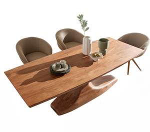 Base de pedestal de madera maciza de acacia con forma esculpida, bordes curvos, tablero moderno con acabado natural, mesa de comedor de madera para cocina y hogar. - Product Image 3