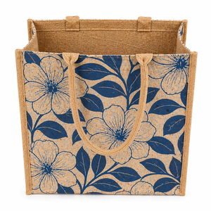 Two Color Large Floral Printed <b>Jute</b> Tote <b>Bag</b> with Rope Handle Open Closure Eco Friendly Reusable <b>Shopping</b> Laminated Heavy Duty - Product Image 1