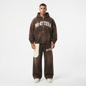 Chándal con capucha para hombre, de algodón marrón, con cremallera frontal, estampado de letras, corte holgado, informal, para otoño - Product Image 1