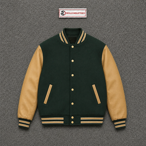 Chaqueta Varsity Verde de Lana con Mangas de Cuero Beige, Chaqueta Bomber de Béisbol Personalizada con Letras, para Hombre y Mujer, Venta al Por Mayor, Clásica - Product Image 5