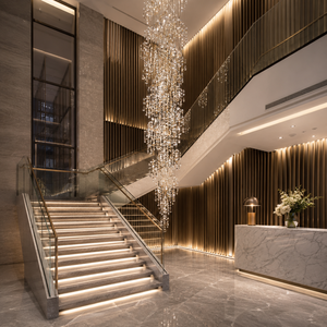 Escalier en marbre courbé avec éclairage LED intégré dans les marches, rampe en bois moderne pour la décoration intérieure de villas et d'hôtels - Product Image 3