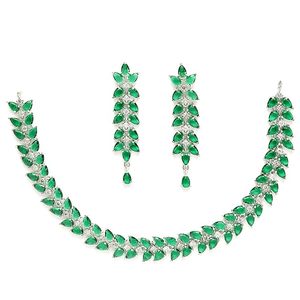 <b>Silver</b> Plated Alloy <b>Necklace</b> and Earring <b>Set</b> Green Crystal Rhinestone Plant Pattern Women's Classic Wedding Jewelry - Product Image 1