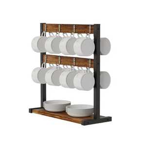 Wooden Cup Holder Stand with 6 White Ceramic Coffee Cups and Matching Saucers Modern Minimalist <b>Kitchen</b> <b>Storage</b> <b>Rack</b> - Product Image 6