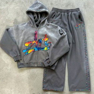 Conjunto de chándal unisex con cremallera y pedrería, pantalones de pierna ancha con letras aplicadas, etiqueta personalizada, estilo urbano, corte holgado, para otoño - Product Image 5