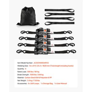 Sangles à cliquet rétractables de 1 pouce, 6 pieds, avec crochets en S, résistance à la rupture de 1200 lb, 4 boucles souples, pour fixation de charges - Catégorie de produit - Product Image 3