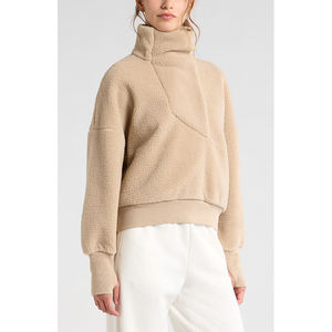 Sudadera con capucha de forro polar beige de cuello alto para mujer, manga larga, corte regular, para invierno - Product Image 1